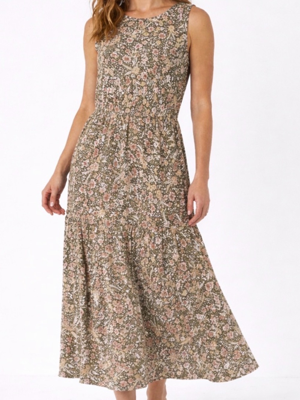 J.Jill Olive Green Pink Floral Sleeveless Maxi Midi Dress M Spring